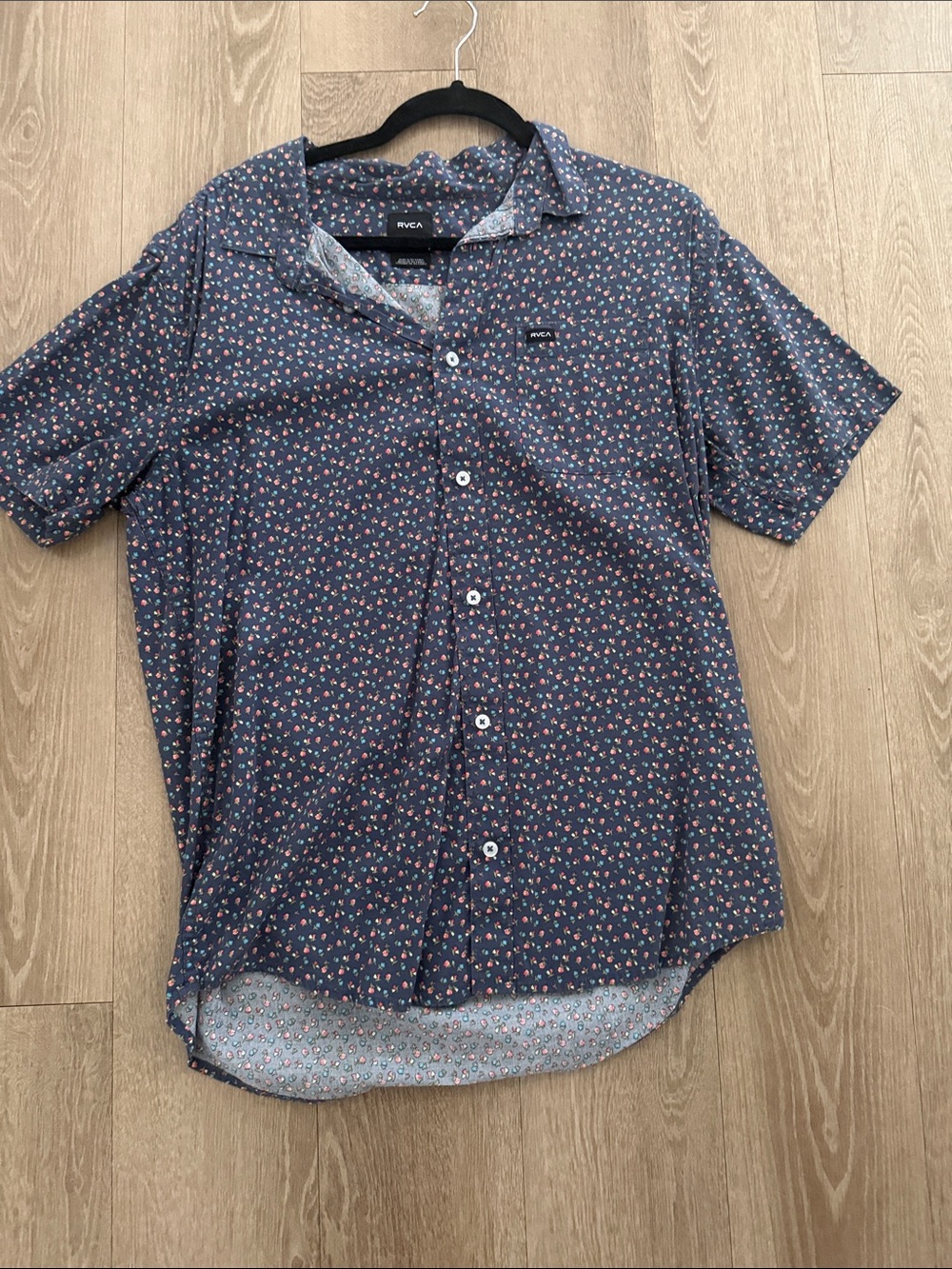 RVCA Navy Short-Sleeve Button-Up with Small floral Print